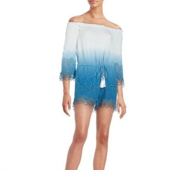 YOUNG FABULOUS & BROKE Blue Sloan Ombré Off-the-shoulder Short Jumpsuit Size S - Picture 1 of 10